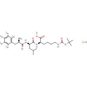 Chemical structure of Methyl (R)-2-[(R)-2-[(R)-2-amino-3-phenyl-d5-propanamido]-4-methylpentanamido]-6-(Boc-amino)hexanoate hydrochloride , AChemBlock AD290832