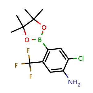 Chemical structure of 2-Chloro-4-(4,4,5,5-tetramethyl-1,3,2-dioxaborolan-2-yl)-5-(trifluoromethyl)aniline , AChemBlock AD290870