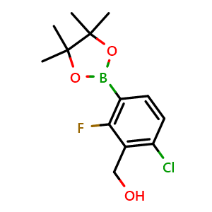 Chemical structure of (6-Chloro-2-fluoro-3-(4,4,5,5-tetramethyl-1,3,2-dioxaborolan-2-yl)phenyl)methanol , AChemBlock AD290885
