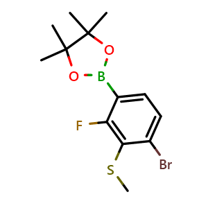 Chemical structure of 2-(4-Bromo-2-fluoro-3-(methylthio)phenyl)-4,4,5,5-tetramethyl-1,3,2-dioxaborolane , AChemBlock AD290888