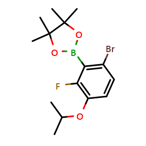 Chemical structure of 2-(6-Bromo-2-fluoro-3-isopropoxyphenyl)-4,4,5,5-tetramethyl-1,3,2-dioxaborolane , AChemBlock AD290896