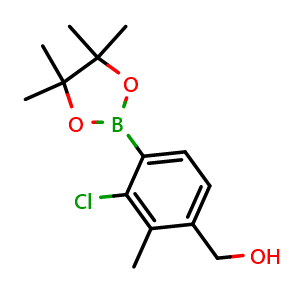 Chemical structure of (3-Chloro-2-methyl-4-(4,4,5,5-tetramethyl-1,3,2-dioxaborolan-2-yl)phenyl)methanol , AChemBlock AD290897