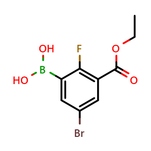 Chemical structure of (5-Bromo-3-(ethoxycarbonyl)-2-fluorophenyl)boronic acid , AChemBlock AD290902