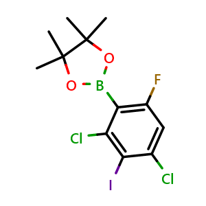 Chemical structure of 2-(2,4-Dichloro-6-fluoro-3-iodophenyl)-4,4,5,5-tetramethyl-1,3,2-dioxaborolane , AChemBlock AD290906