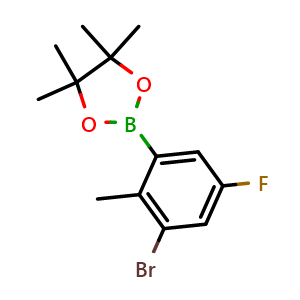 Chemical structure of 2-(3-Bromo-5-fluoro-2-methylphenyl)-4,4,5,5-tetramethyl-1,3,2-dioxaborolane , AChemBlock AD290908