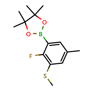 Chemical structure of 2-(2-Fluoro-5-methyl-3-(methylthio)phenyl)-4,4,5,5-tetramethyl-1,3,2-dioxaborolane , AChemBlock AD290926