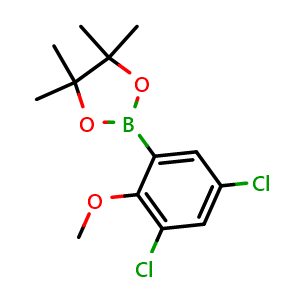 Chemical structure of 2-(3,5-Dichloro-2-methoxyphenyl)-4,4,5,5-tetramethyl-1,3,2-dioxaborolane , AChemBlock AD290933
