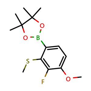 Chemical structure of 2-(3-Fluoro-4-methoxy-2-(methylthio)phenyl)-4,4,5,5-tetramethyl-1,3,2-dioxaborolane , AChemBlock AD290939