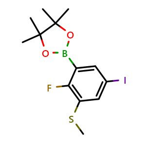 Chemical structure of 2-(2-Fluoro-5-iodo-3-(methylthio)phenyl)-4,4,5,5-tetramethyl-1,3,2-dioxaborolane , AChemBlock AD290945