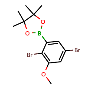 Chemical structure of 2-(2,5-Dibromo-3-methoxyphenyl)-4,4,5,5-tetramethyl-1,3,2-dioxaborolane , AChemBlock AD290949