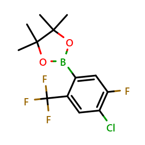 Chemical structure of 2-(4-Chloro-5-fluoro-2-(trifluoromethyl)phenyl)-4,4,5,5-tetramethyl-1,3,2-dioxaborolane , AChemBlock AD290954