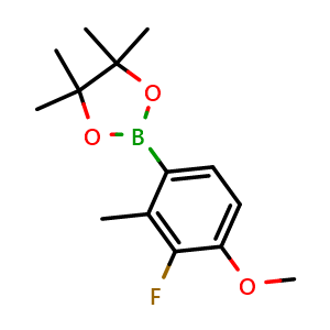 Chemical structure of 2-(3-Fluoro-4-methoxy-2-methylphenyl)-4,4,5,5-tetramethyl-1,3,2-dioxaborolane , AChemBlock AD290956