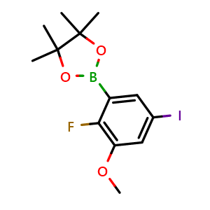 Chemical structure of 2-(2-Fluoro-5-iodo-3-methoxyphenyl)-4,4,5,5-tetramethyl-1,3,2-dioxaborolane , AChemBlock AD290964