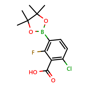 Chemical structure of 6-Chloro-2-fluoro-3-(4,4,5,5-tetramethyl-1,3,2-dioxaborolan-2-yl)benzoic acid , AChemBlock AD290967