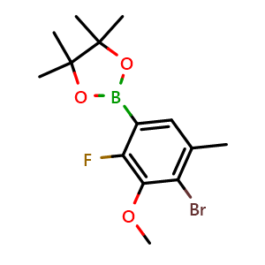Chemical structure of 2-(4-Bromo-2-fluoro-3-methoxy-5-methylphenyl)-4,4,5,5-tetramethyl-1,3,2-dioxaborolane , AChemBlock AD290970