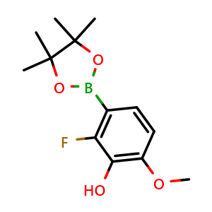 Chemical structure of 2-Fluoro-6-methoxy-3-(4,4,5,5-tetramethyl-1,3,2-dioxaborolan-2-yl)phenol , AChemBlock AD290973