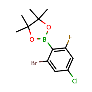 Chemical structure of 2-(2-Bromo-4-chloro-6-fluorophenyl)-4,4,5,5-tetramethyl-1,3,2-dioxaborolane , AChemBlock AD290975