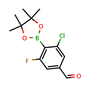 Chemical structure of 3-Chloro-5-fluoro-4-(4,4,5,5-tetramethyl-1,3,2-dioxaborolan-2-yl)benzaldehyde , AChemBlock AD290977