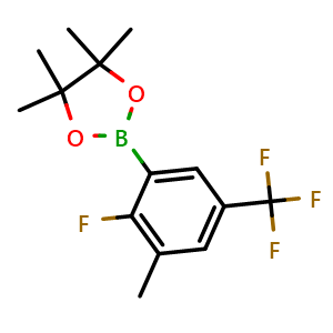 Chemical structure of 2-(2-Fluoro-3-methyl-5-(trifluoromethyl)phenyl)-4,4,5,5-tetramethyl-1,3,2-dioxaborolane , AChemBlock AD290982