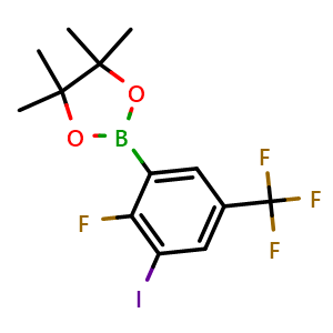 Chemical structure of 2-(2-Fluoro-3-iodo-5-(trifluoromethyl)phenyl)-4,4,5,5-tetramethyl-1,3,2-dioxaborolane , AChemBlock AD290983