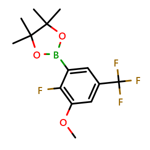 Chemical structure of 2-(2-Fluoro-3-methoxy-5-(trifluoromethyl)phenyl)-4,4,5,5-tetramethyl-1,3,2-dioxaborolane , AChemBlock AD290991