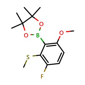 Chemical structure of 2-(3-Fluoro-6-methoxy-2-(methylthio)phenyl)-4,4,5,5-tetramethyl-1,3,2-dioxaborolane , AChemBlock AD291019