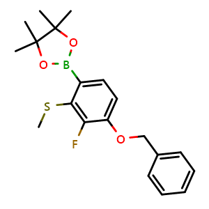 Chemical structure of 2-(4-(Benzyloxy)-3-fluoro-2-(methylthio)phenyl)-4,4,5,5-tetramethyl-1,3,2-dioxaborolane , AChemBlock AD291022
