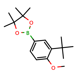 Chemical structure of 2-(3-(tert-Butyl)-4-methoxyphenyl)-4,4,5,5-tetramethyl-1,3,2-dioxaborolane , AChemBlock AD291024
