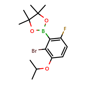Chemical structure of 2-(2-Bromo-6-fluoro-3-isopropoxyphenyl)-4,4,5,5-tetramethyl-1,3,2-dioxaborolane , AChemBlock AD291032