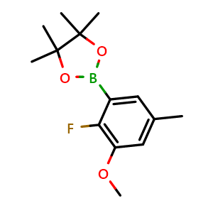 Chemical structure of 2-(2-Fluoro-3-methoxy-5-methylphenyl)-4,4,5,5-tetramethyl-1,3,2-dioxaborolane , AChemBlock AD291049