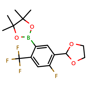 Chemical structure of 2-(5-(1,3-Dioxolan-2-yl)-4-fluoro-2-(trifluoromethyl)phenyl)-4,4,5,5-tetramethyl-1,3,2-dioxaborolane , AChemBlock AD291072