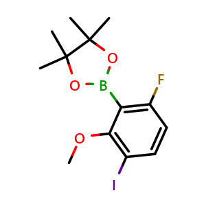 Chemical structure of 2-(6-Fluoro-3-iodo-2-methoxyphenyl)-4,4,5,5-tetramethyl-1,3,2-dioxaborolane , AChemBlock AD291091