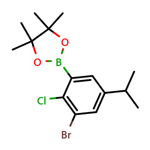 Chemical structure of 2-(3-Bromo-2-chloro-5-isopropylphenyl)-4,4,5,5-tetramethyl-1,3,2-dioxaborolane , AChemBlock AD291104