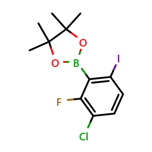 Chemical structure of 2-(3-Chloro-2-fluoro-6-iodophenyl)-4,4,5,5-tetramethyl-1,3,2-dioxaborolane , AChemBlock AD291110
