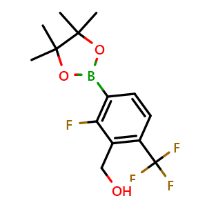 Chemical structure of (2-Fluoro-3-(4,4,5,5-tetramethyl-1,3,2-dioxaborolan-2-yl)-6-(trifluoromethyl)phenyl)methanol , AChemBlock AD291116