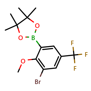 Chemical structure of 2-(3-Bromo-2-methoxy-5-(trifluoromethyl)phenyl)-4,4,5,5-tetramethyl-1,3,2-dioxaborolane , AChemBlock AD291124