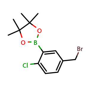 Chemical structure of 2-(5-(Bromomethyl)-2-chlorophenyl)-4,4,5,5-tetramethyl-1,3,2-dioxaborolane , AChemBlock AD291126