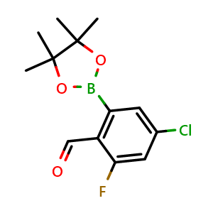 Chemical structure of 4-Chloro-2-fluoro-6-(4,4,5,5-tetramethyl-1,3,2-dioxaborolan-2-yl)benzaldehyde , AChemBlock AD291134