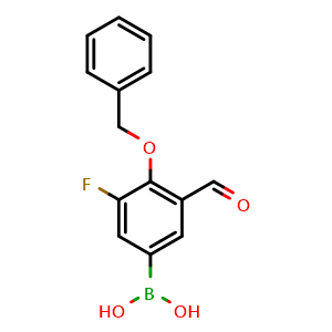 Chemical structure of (4-(Benzyloxy)-3-fluoro-5-formylphenyl)boronic acid , AChemBlock AD291139