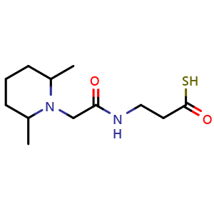 Chemical structure of 3-(2-(2,6-Dimethylpiperidin-1-yl)acetamido)propanethioic S-acid , AChemBlock AD291201