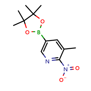 Chemical structure of 3-Methyl-2-nitro-5-(4,4,5,5-tetramethyl-1,3,2-dioxaborolan-2-yl)pyridine , AChemBlock AD291215