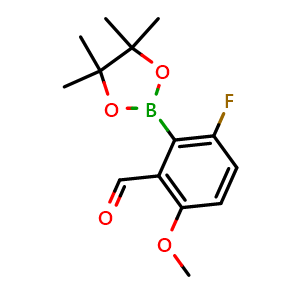 Chemical structure of 3-Fluoro-6-methoxy-2-(4,4,5,5-tetramethyl-1,3,2-dioxaborolan-2-yl)benzaldehyde , AChemBlock AD291218