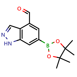 Chemical structure of 6-(4,4,5,5-Tetramethyl-1,3,2-dioxaborolan-2-yl)-1H-indazole-4-carbaldehyde , AChemBlock AD291219