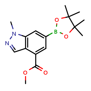 Chemical structure of Methyl 1-methyl-6-(4,4,5,5-tetramethyl-1,3,2-dioxaborolan-2-yl)-1H-indazole-4-carboxylate , AChemBlock AD291224