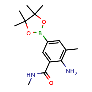 Chemical structure of 2-Amino-N,3-dimethyl-5-(4,4,5,5-tetramethyl-1,3,2-dioxaborolan-2-yl)benzamide , AChemBlock AD291230