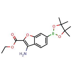 Chemical structure of Ethyl 3-amino-6-(4,4,5,5-tetramethyl-1,3,2-dioxaborolan-2-yl)benzofuran-2-carboxylate , AChemBlock AD291237