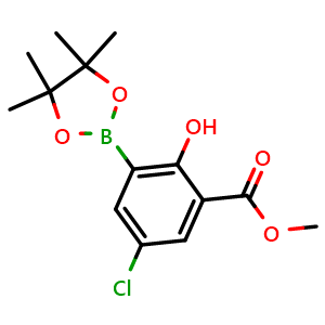 Chemical structure of Methyl 5-chloro-2-hydroxy-3-(4,4,5,5-tetramethyl-1,3,2-dioxaborolan-2-yl)benzoate , AChemBlock AD291240