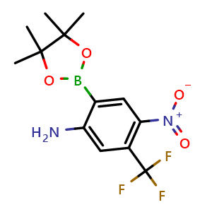 Chemical structure of 4-Nitro-2-(4,4,5,5-tetramethyl-1,3,2-dioxaborolan-2-yl)-5-(trifluoromethyl)aniline , AChemBlock AD291255