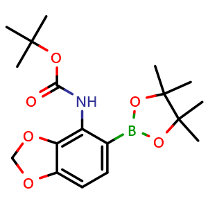 Chemical structure of Tert-butyl (5-(4,4,5,5-tetramethyl-1,3,2-dioxaborolan-2-yl)benzo[d][1,3]dioxol-4-yl)carbamate , AChemBlock AD291260