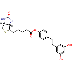 Chemical structure of 4-((E)-3,5-Dihydroxystyryl)phenyl 5-((3aS,4S,6aR)-2-oxohexahydro-1H-thieno[3,4-d]imidazol-4-yl)pentanoate , AChemBlock AD291264